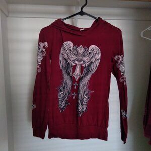 Vintage Y2K Burgundy Affliction Style Graphic Rhinestone Embellished Hoodie